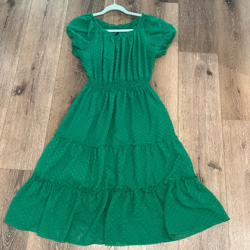 Kate and Lily Green Dress, Embossed Polka Dot, Sheer Top, Tiered Ruffle Dress, 4